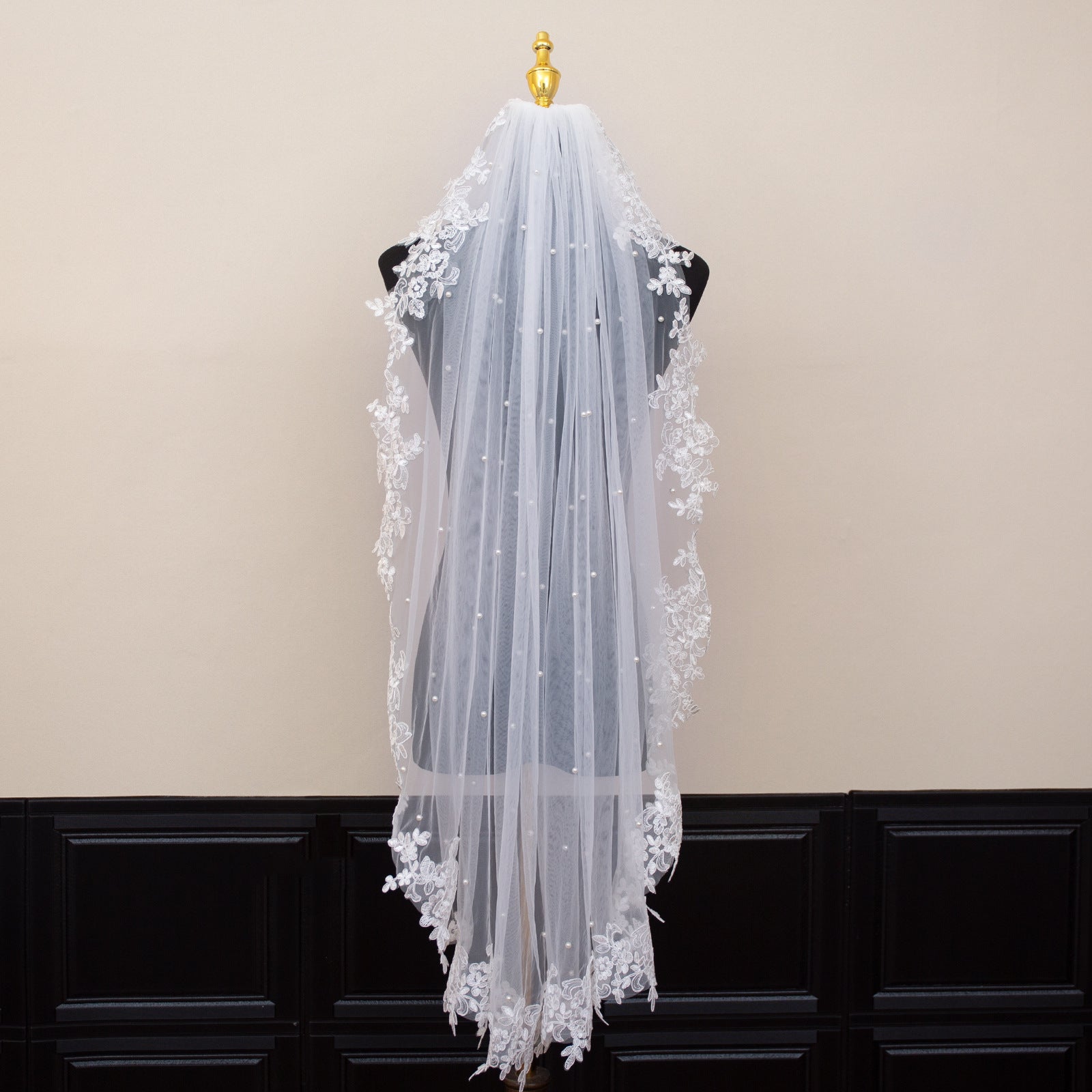 White Elegant Long Bridal Veil with Pearl Accents & Lace Edge - Includes Metal Comb  - Image 2