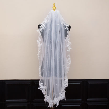 White Elegant Long Bridal Veil with Pearl Accents & Lace Edge - Includes Metal Comb  - Image 2