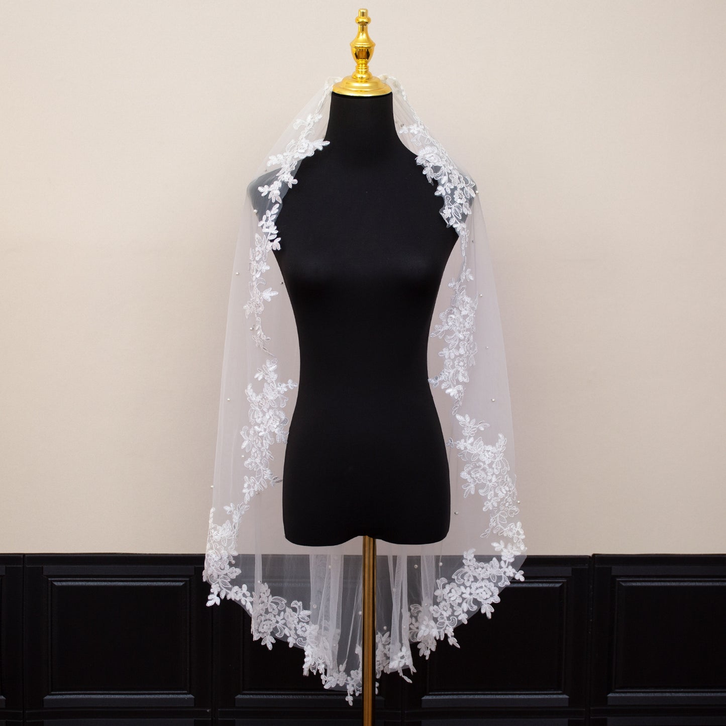 White Elegant Long Bridal Veil with Pearl Accents & Lace Edge - Includes Metal Comb  - Image 3