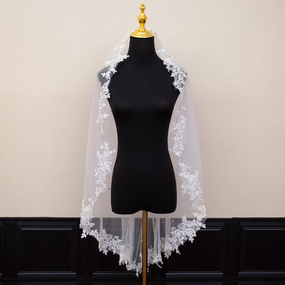 White Elegant Long Bridal Veil with Pearl Accents & Lace Edge - Includes Metal Comb  - Image 3