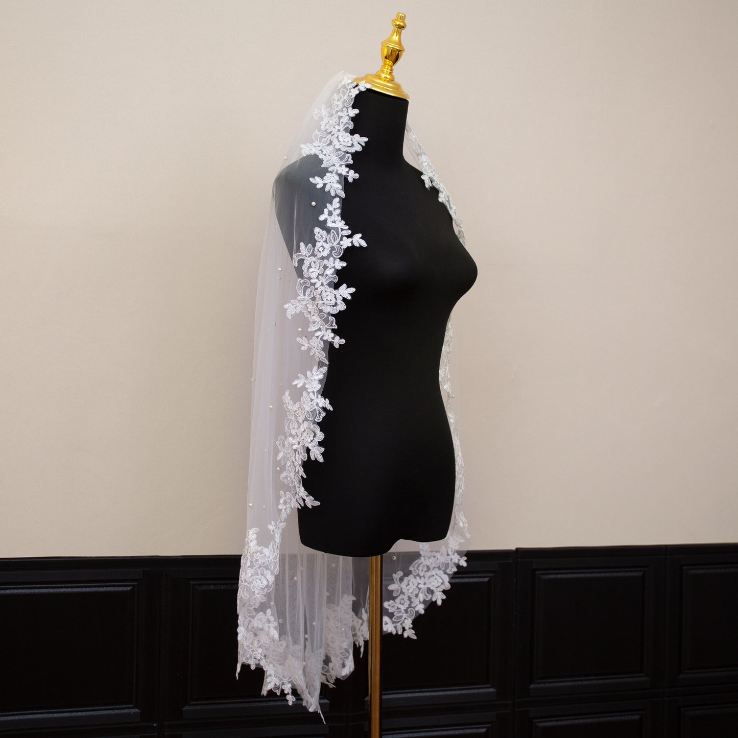 White Elegant Long Bridal Veil with Pearl Accents & Lace Edge - Includes Metal Comb  - Image 4