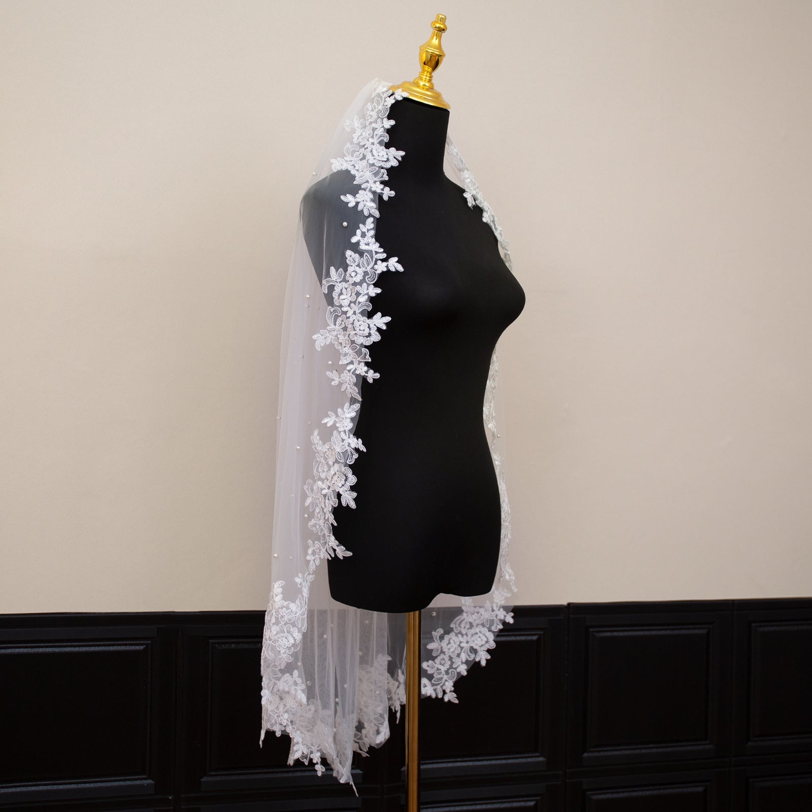 White Elegant Long Bridal Veil with Pearl Accents & Lace Edge - Includes Metal Comb  - Image 4