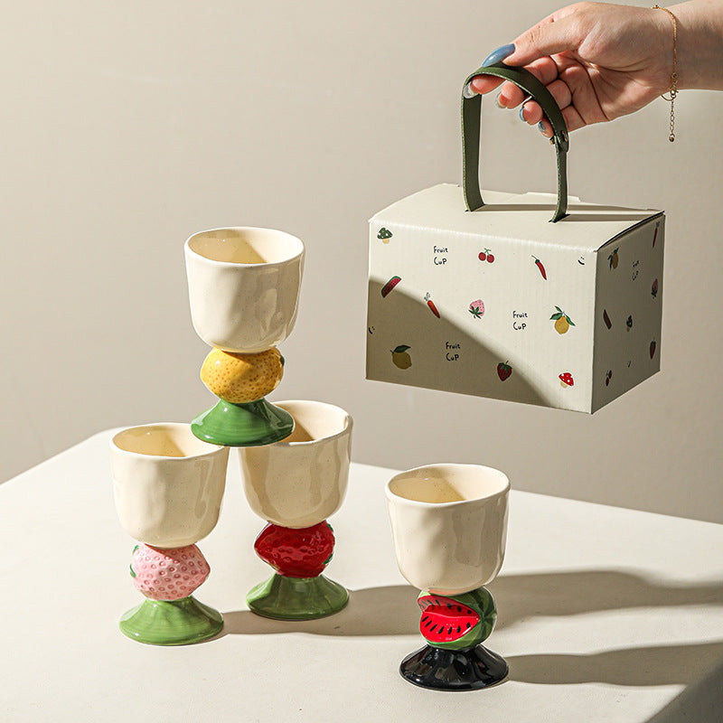 Pink Whimsical Strawberry Stem Ceramic Goblet - 150ml Hand-Painted Strawberry Design, Unique Coffee & Drinkware Gift with Box - Image 3