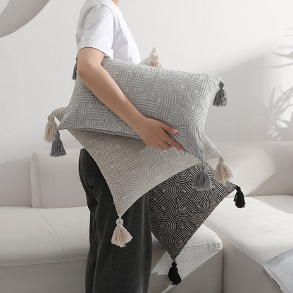 Grey Chic Geometric Jacquard Cushion Covers with Tassels - Set of 2, Plush Blend for Sofa & Bed Decor (45x45cm, Insert Not Included) - Image 3