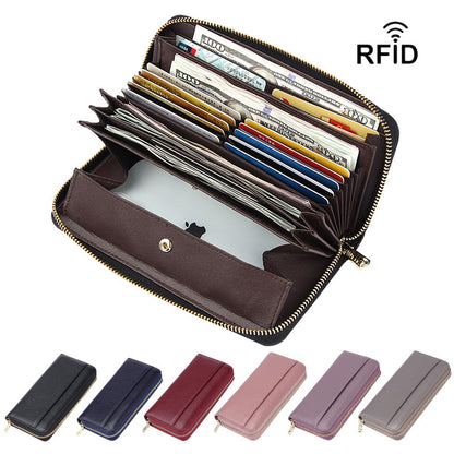 Dark Blue Premium Genuine Leather RFID Blocking Long Wallet - Unisex Multi-Card Organizer Clutch with Zip-Around Closure - Image 2