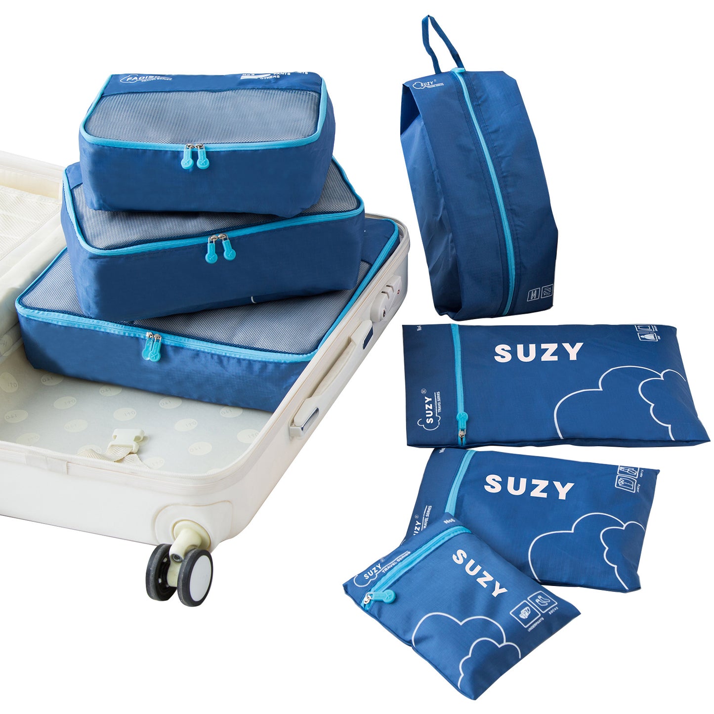 Dark Blue 7-Piece Travel Packing Cubes & Organizer Set - Lightweight Luggage Storage Bags for Clothes, Shoes & Toiletries