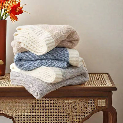 Beige and White Plush Chenille-Knit Throw Blanket - Soft Cozy Polyester for Bed & Sofa | Textured Two-Tone Design (127x153cm) - Image 2