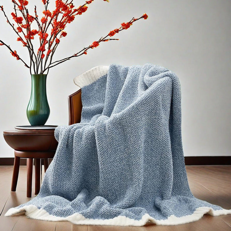 Beige and White Plush Chenille-Knit Throw Blanket - Soft Cozy Polyester for Bed & Sofa | Textured Two-Tone Design (127x153cm) - Image 4