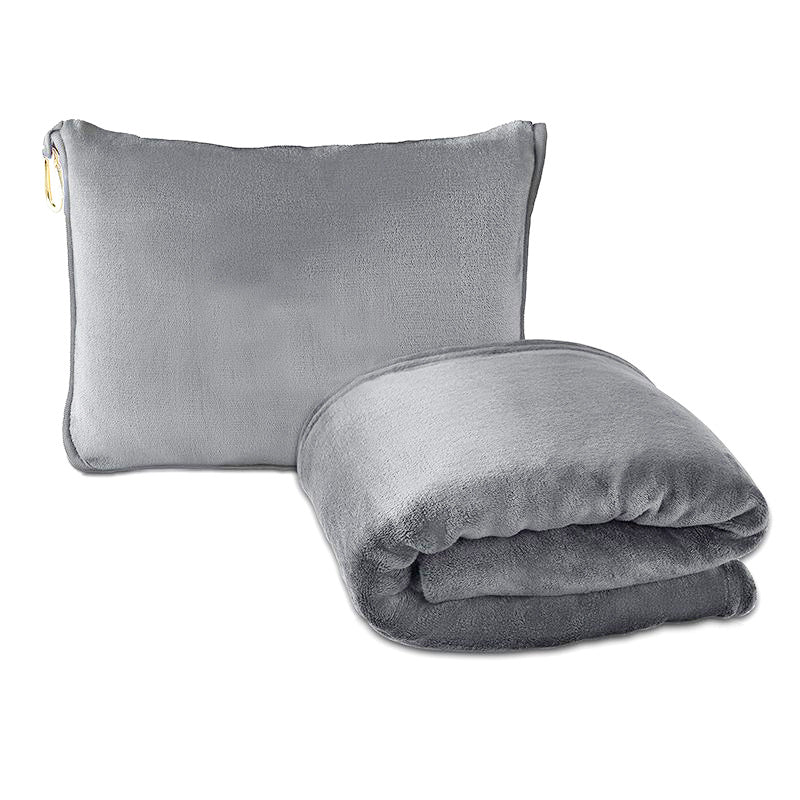 Grey 2-in-1 Plush Travel Blanket & Pillow Set - Soft Flannel with Luggage Strap & Carabiner (50x60in)