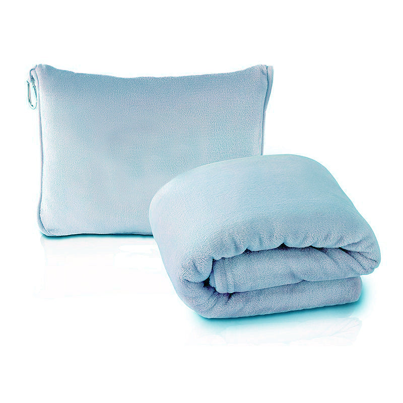 Light Blue 2-in-1 Plush Travel Blanket & Pillow Set - Soft Flannel with Luggage Strap & Carabiner (50x60in)