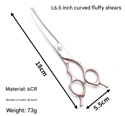 Rose Gold and Silver Professional 6.5 Inch CURVED Pet Grooming Blending Shears - 38-Tooth Stainless Steel Fluffy Finish Scissors for Dogs & Cats - Image 2