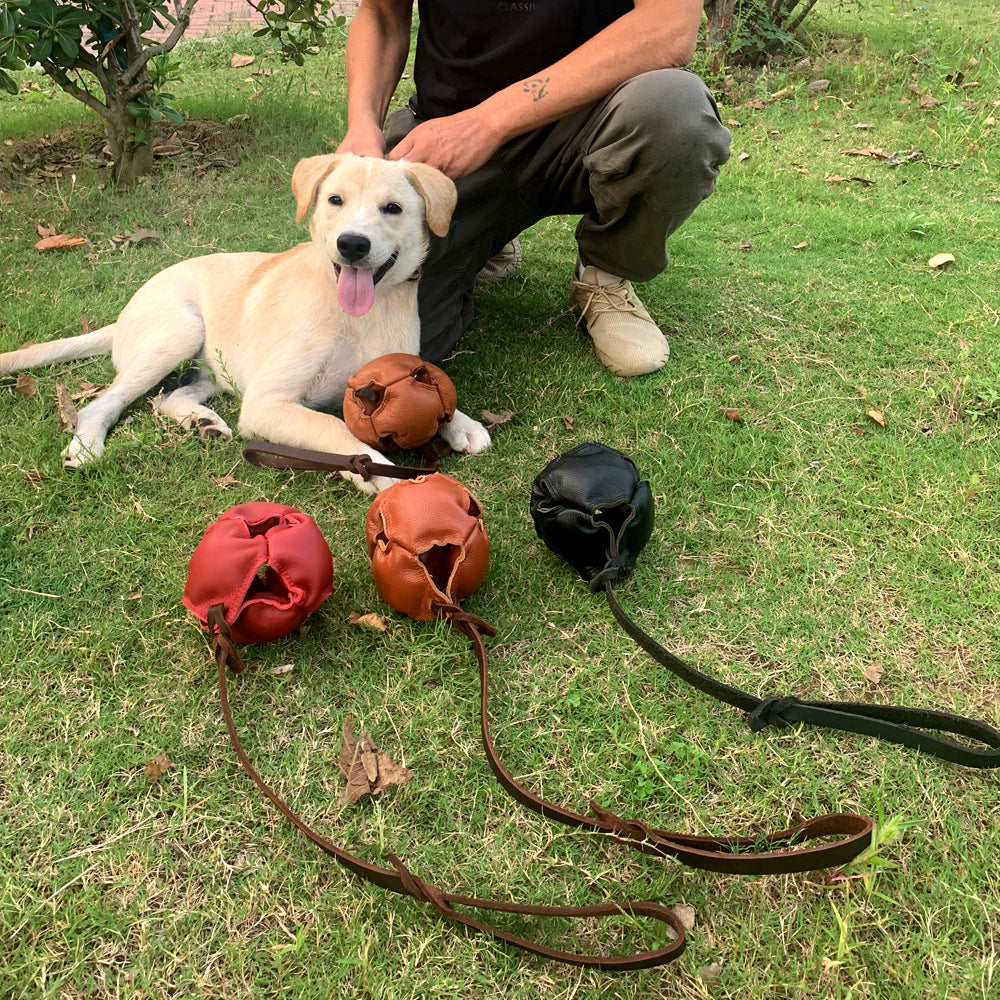 Black Durable Leather Dog Training Ball with Loop Handle - Interactive Bite & Tug Toy for Playful Pups - Image 4