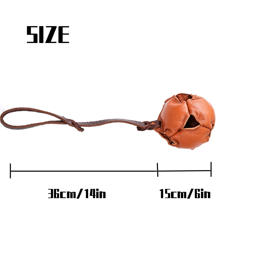 Brown Durable Leather Dog Training Ball with Loop Handle - Interactive Bite & Tug Toy for Playful Pups - Image 3