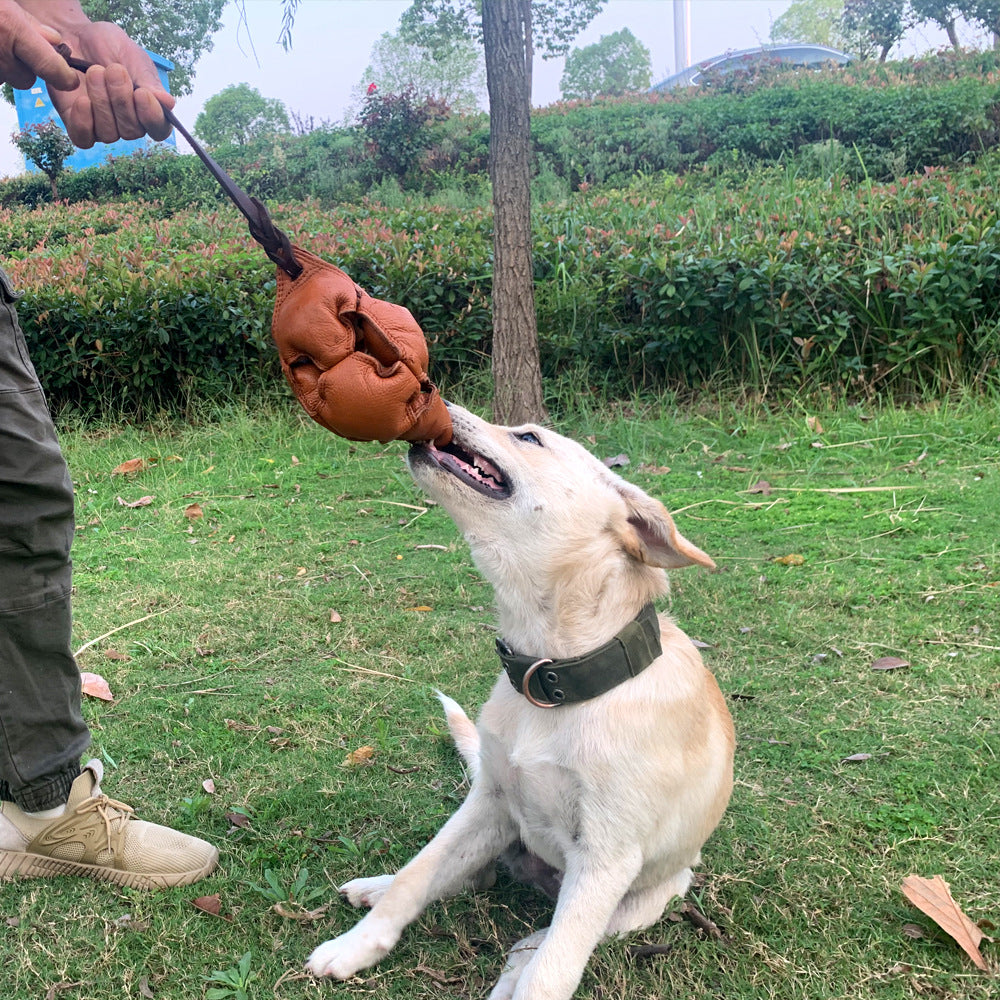 Red Durable Leather Dog Training Ball with Loop Handle - Interactive Bite & Tug Toy for Playful Pups - Image 5