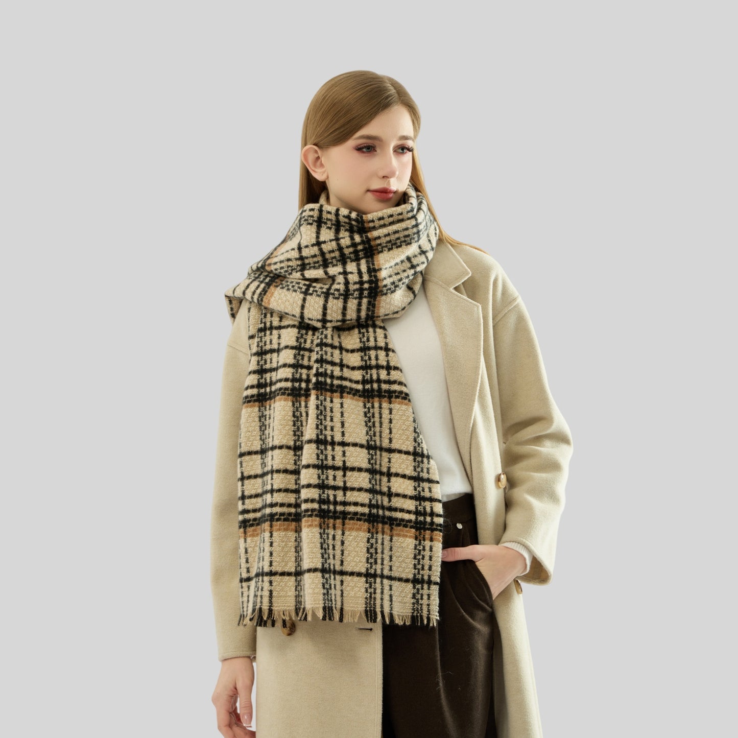 Black Chic Plaid Winter Scarf - Large Soft Polyester Shawl Wrap with Tassels, Korean Inspired Fashion - Image 3