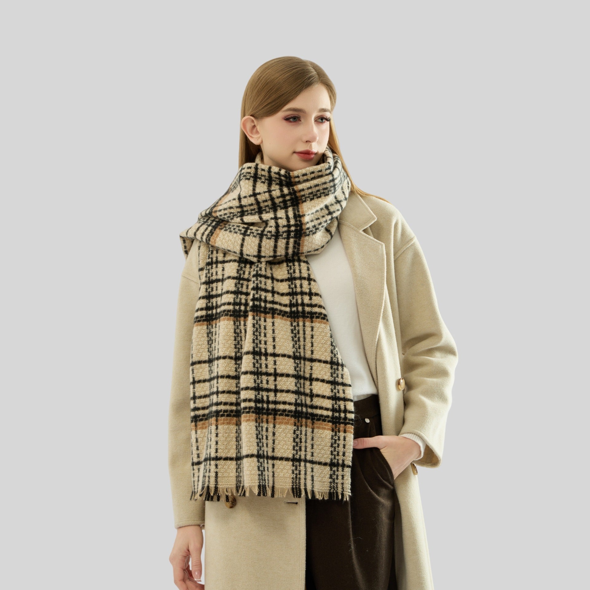 Beige Chic Plaid Winter Scarf - Large Soft Polyester Shawl Wrap with Tassels, Korean Inspired Fashion - Image 3
