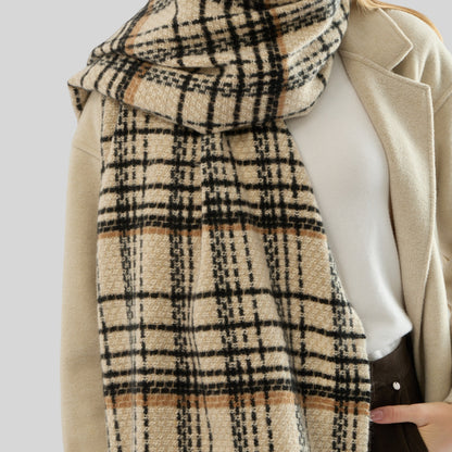 Beige Chic Plaid Winter Scarf - Large Soft Polyester Shawl Wrap with Tassels, Korean Inspired Fashion - Image 4
