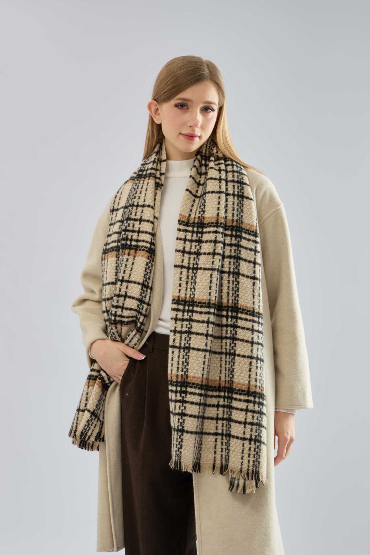 Beige Chic Plaid Winter Scarf - Large Soft Polyester Shawl Wrap with Tassels, Korean Inspired Fashion - Image 5