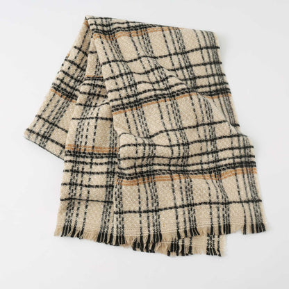 Beige Chic Plaid Winter Scarf - Large Soft Polyester Shawl Wrap with Tassels, Korean Inspired Fashion - Image 6