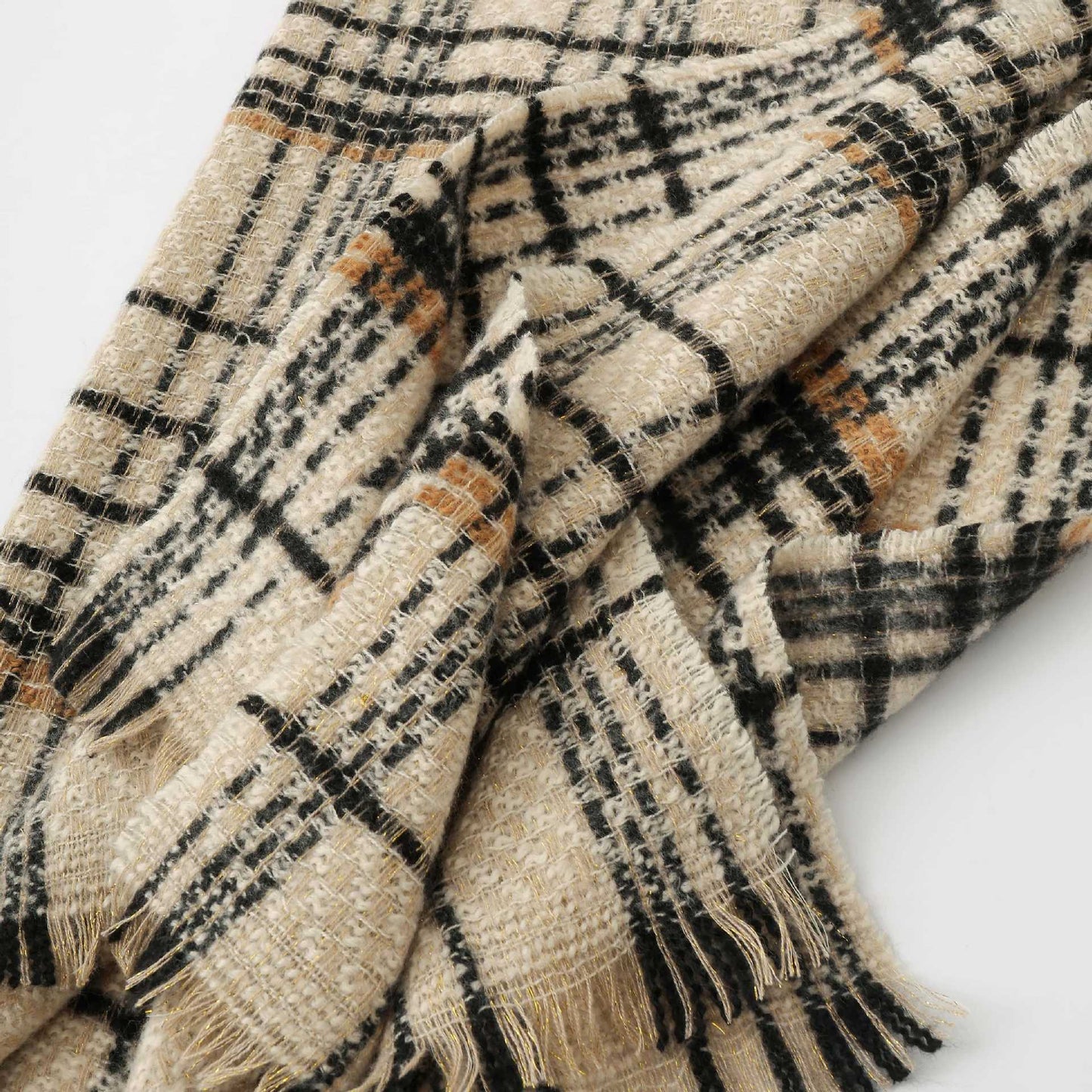 Coffee Chic Plaid Winter Scarf - Large Soft Polyester Shawl Wrap with Tassels, Korean Inspired Fashion - Image 7