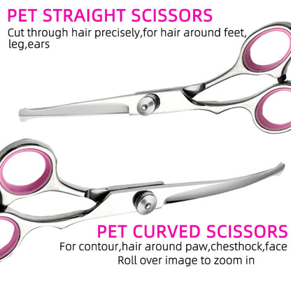 Pink and Silver Complete 5-Piece Pet Grooming Scissors Kit - Stainless Steel Straight, Curved & Thinning Shears with Comb & PU Case (6.0 Inch) - Image 2