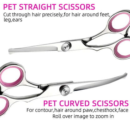 Pink and Silver Complete 5-Piece Pet Grooming Scissors Kit - Stainless Steel Straight, Curved & Thinning Shears with Comb & PU Case (6.0 Inch) - Image 2