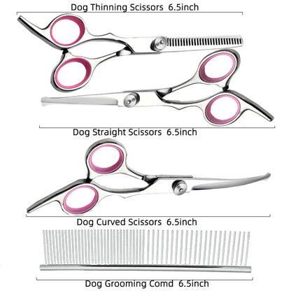 Pink and Silver Complete 5-Piece Pet Grooming Scissors Kit - Stainless Steel Straight, Curved & Thinning Shears with Comb & PU Case (6.0 Inch) - Image 3