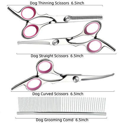 Blue and Silver Complete 5-Piece Pet Grooming Scissors Kit - Stainless Steel Straight, Curved & Thinning Shears with Comb & PU Case (6.0 Inch) - Image 3