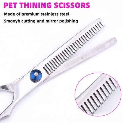 Blue and Silver Complete 5-Piece Pet Grooming Scissors Kit - Stainless Steel Straight, Curved & Thinning Shears with Comb & PU Case (6.0 Inch) - Image 4