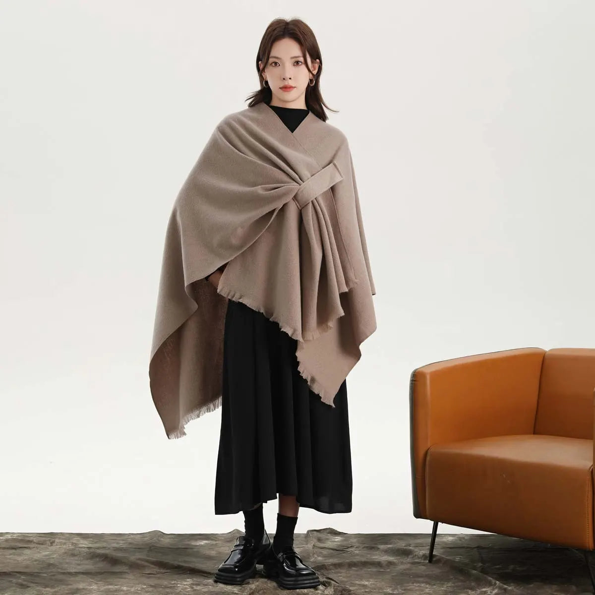 Khaki Elegant Soft Knit Poncho Cape - Warm Autumn Winter Shawl Wrap with Side Tie, Thick & Luxurious Feel - Image 2