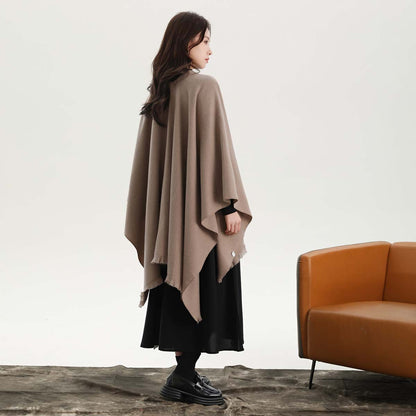Khaki Elegant Soft Knit Poncho Cape - Warm Autumn Winter Shawl Wrap with Side Tie, Thick & Luxurious Feel - Image 4