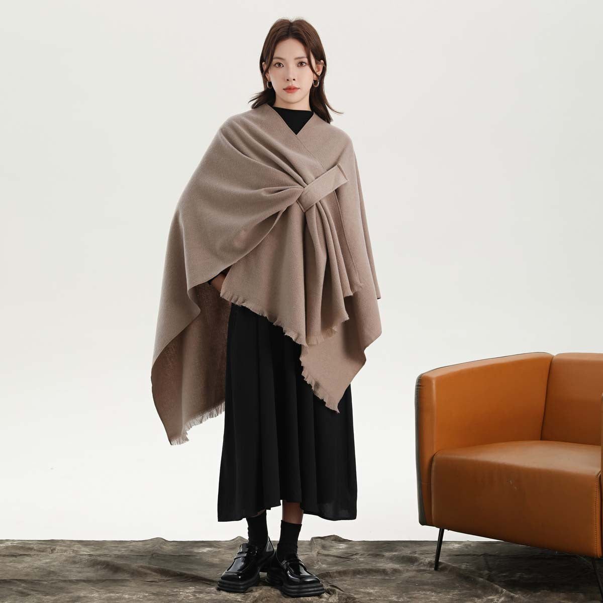 Pink Elegant Soft Knit Poncho Cape - Warm Autumn Winter Shawl Wrap with Side Tie, Thick & Luxurious Feel - Image 2