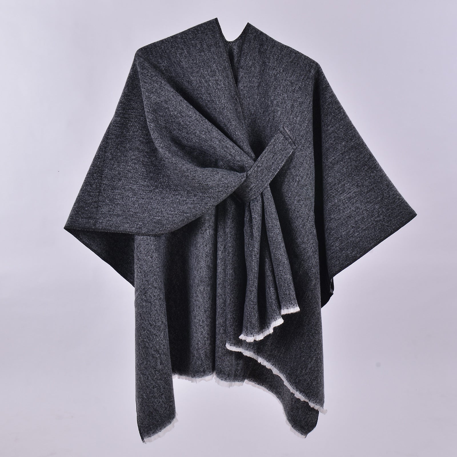 Black and White Elegant Soft Knit Poncho Cape - Warm Autumn Winter Shawl Wrap with Side Tie, Thick & Luxurious Feel - Image 2