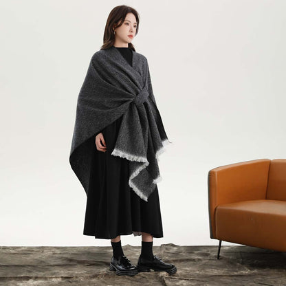 Black and White Elegant Soft Knit Poncho Cape - Warm Autumn Winter Shawl Wrap with Side Tie, Thick & Luxurious Feel - Image 3