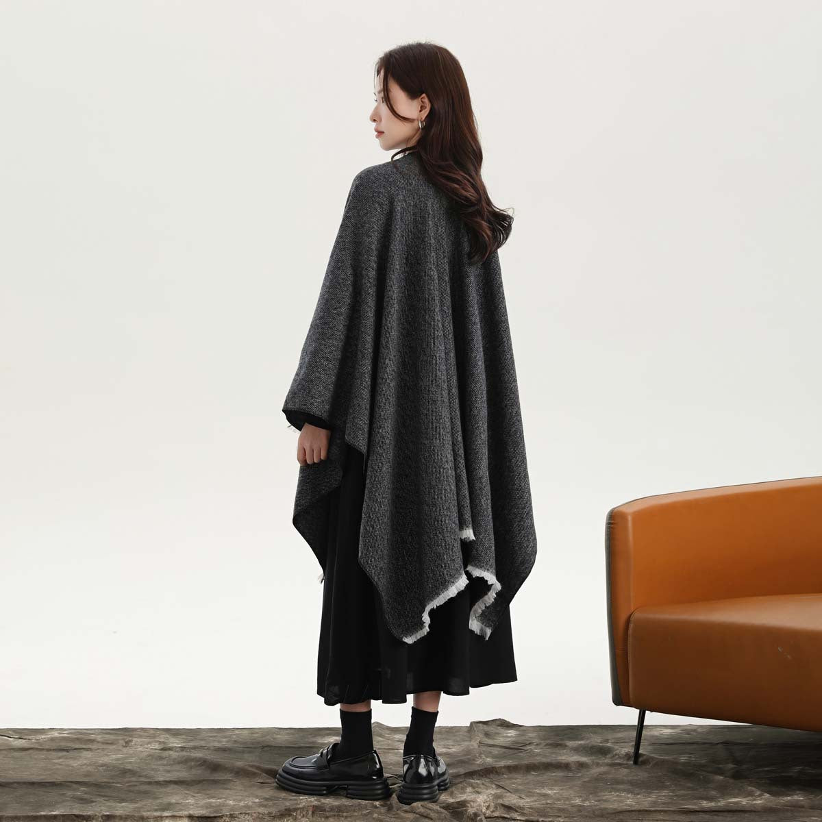 Black and White Elegant Soft Knit Poncho Cape - Warm Autumn Winter Shawl Wrap with Side Tie, Thick & Luxurious Feel - Image 4