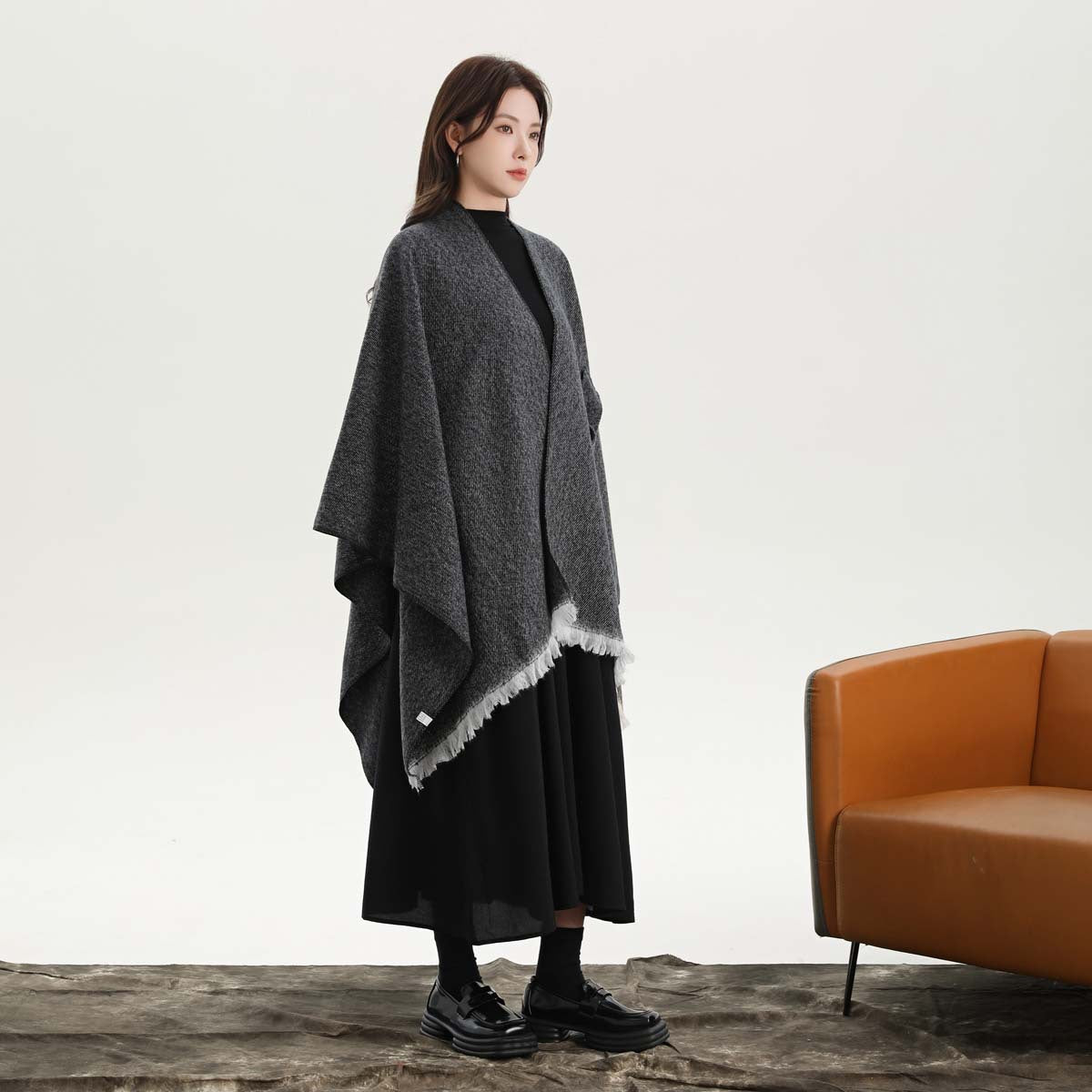 Black and White Elegant Soft Knit Poncho Cape - Warm Autumn Winter Shawl Wrap with Side Tie, Thick & Luxurious Feel - Image 5