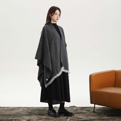 Black and White Elegant Soft Knit Poncho Cape - Warm Autumn Winter Shawl Wrap with Side Tie, Thick & Luxurious Feel - Image 5