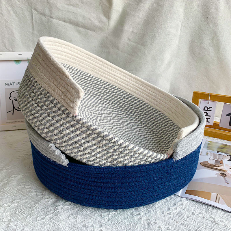 Grey and White Chic Two-Tone Woven Cotton Rope Cat Bed - Cozy Handmade Pet Nest & Storage Basket - Image 2