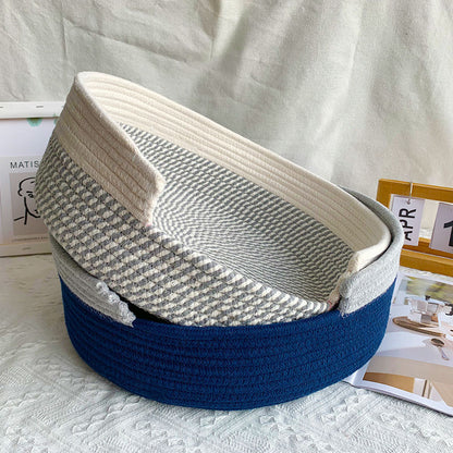 Grey and White Chic Two-Tone Woven Cotton Rope Cat Bed - Cozy Handmade Pet Nest & Storage Basket - Image 2