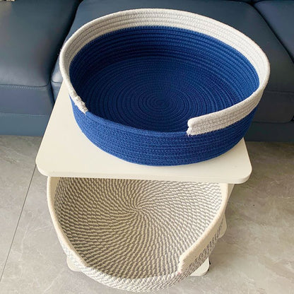 Grey and White Chic Two-Tone Woven Cotton Rope Cat Bed - Cozy Handmade Pet Nest & Storage Basket - Image 3