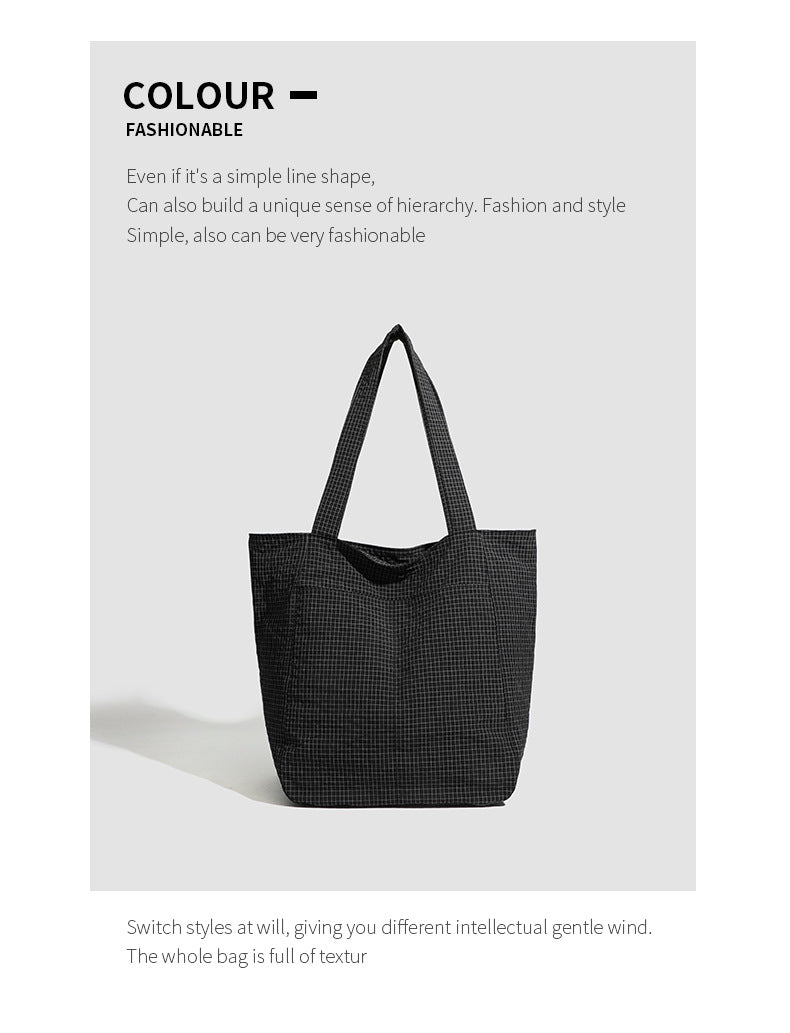 Black Stylish Lightweight Seersucker Gingham Tote Bag - Spacious Multi-Pocket Shoulder Bag with Zipper - Image 2