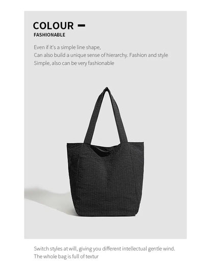 Black Stylish Lightweight Seersucker Gingham Tote Bag - Spacious Multi-Pocket Shoulder Bag with Zipper - Image 2
