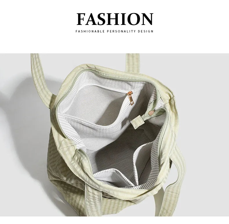 Black Stylish Lightweight Seersucker Gingham Tote Bag - Spacious Multi-Pocket Shoulder Bag with Zipper - Image 4