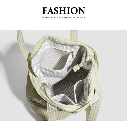 Black Stylish Lightweight Seersucker Gingham Tote Bag - Spacious Multi-Pocket Shoulder Bag with Zipper - Image 4