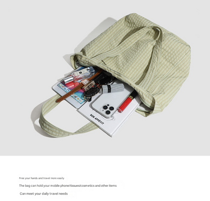 Black Stylish Lightweight Seersucker Gingham Tote Bag - Spacious Multi-Pocket Shoulder Bag with Zipper - Image 5