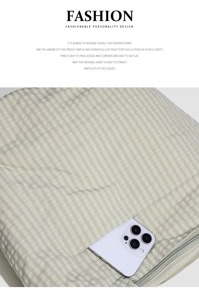 Black Stylish Lightweight Seersucker Gingham Tote Bag - Spacious Multi-Pocket Shoulder Bag with Zipper - Image 6