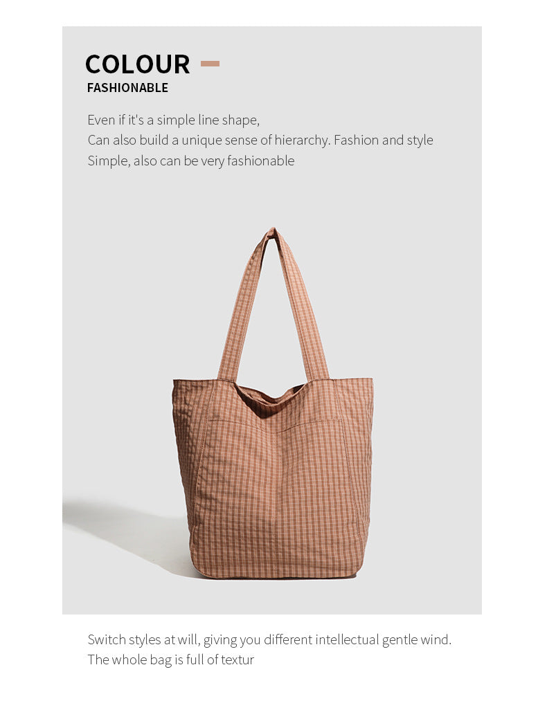Brown Stylish Lightweight Seersucker Gingham Tote Bag - Spacious Multi-Pocket Shoulder Bag with Zipper - Image 2