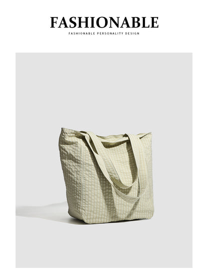 Brown Stylish Lightweight Seersucker Gingham Tote Bag - Spacious Multi-Pocket Shoulder Bag with Zipper - Image 7