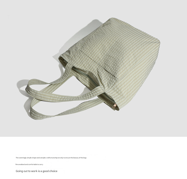 Brown Stylish Lightweight Seersucker Gingham Tote Bag - Spacious Multi-Pocket Shoulder Bag with Zipper - Image 8