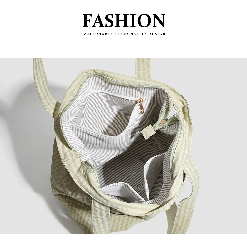 Light Green Stylish Lightweight Seersucker Gingham Tote Bag - Spacious Multi-Pocket Shoulder Bag with Zipper - Image 4